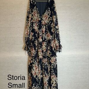Storia Long Sleeve Floral Dress - Navy and Beige